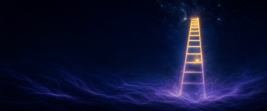 A ladder of light rises from a violet field toward the stars, its rungs growing warmer and clearer as they climb, with a small lantern halfway up.