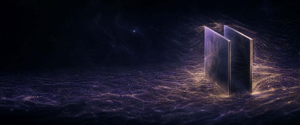 A sea of glowing field lines fills empty space; two parallel metal plates stand close together, the gap between them dark and still while the bright field crowds their outer faces.