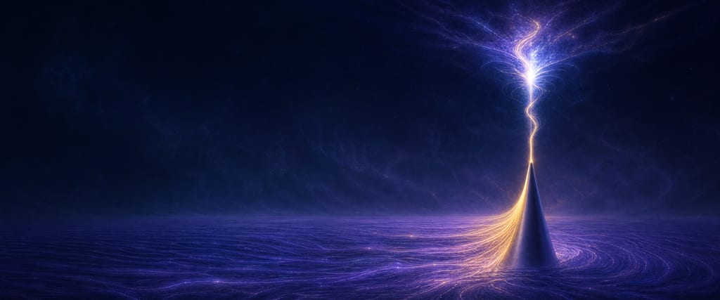 Violet field ripples flow into a slender cone from one side only and rise from its tip as a gold current that bursts into bright plasma light above.