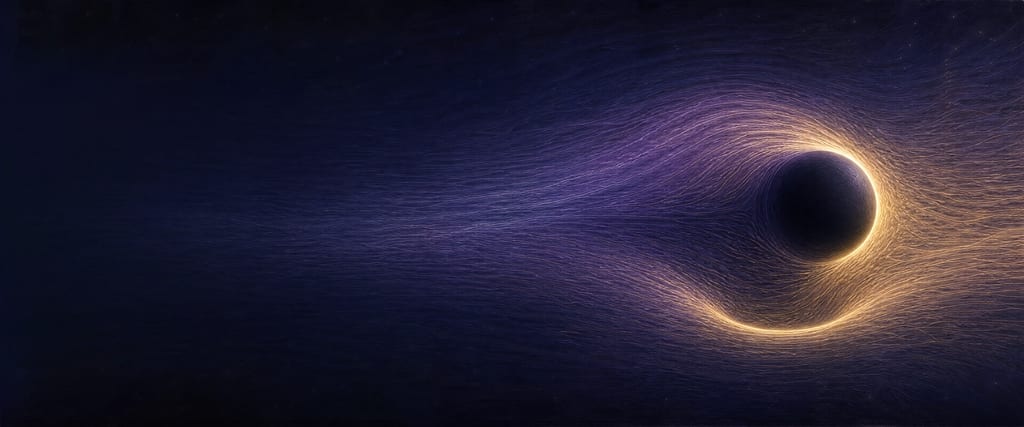 A dark sphere moves through a dense sea of fine field threads that bunch into a bright gold rim on its leading side and trail behind it in a long violet wake.