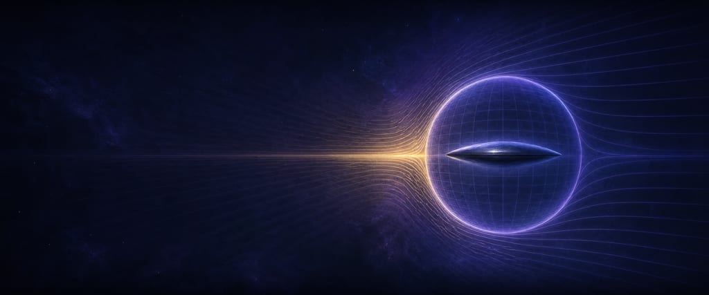 A smooth craft rests still inside a glowing bubble; the lines of space squeeze together into gold on one side of the bubble and spread apart on the other.