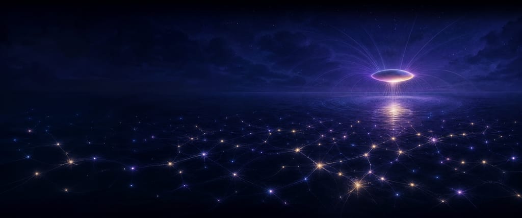 A glowing craft hovers over a mirror-still night ocean, field lines curving around it, above a wide network of connected points of light, some bright and some faint.