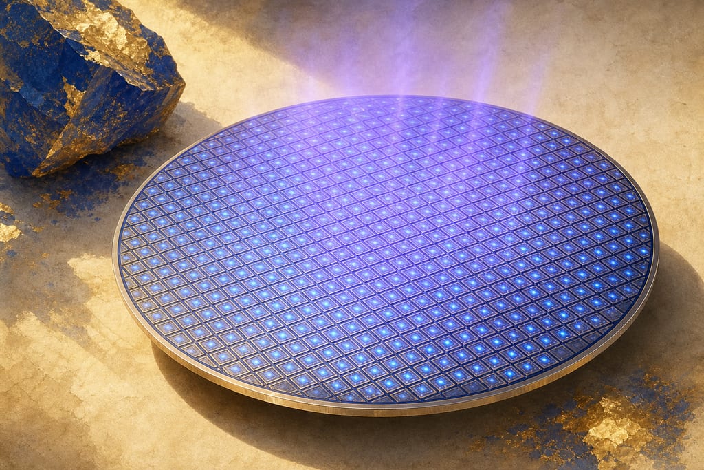 A round silicon wafer at an angle carrying a regular grid of hundreds of tiny identical silvery elements glowing faintly blue in unison, with a violet haze rising from the whole array.