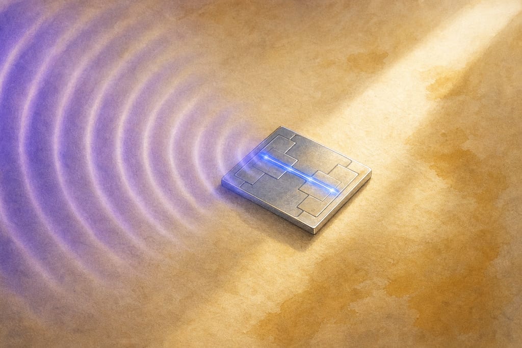 A small silvery superconducting chip bathed in rippling violet microwave waves, with a blue rhythmic glow pulsing along a thin line on the chip.