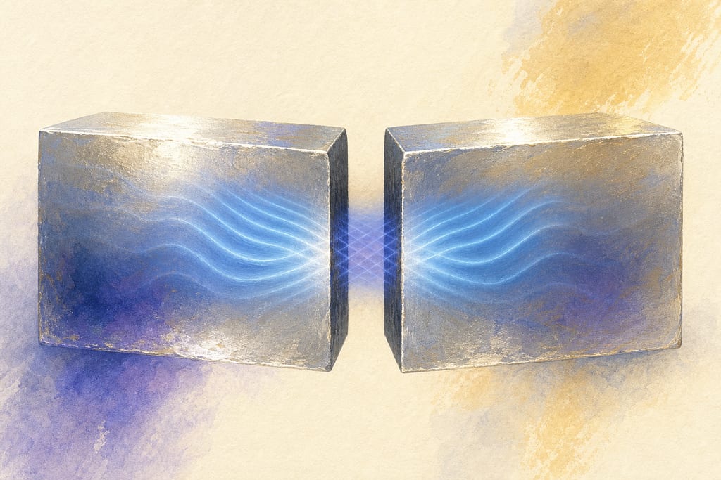 Two blocks of silvery superconducting metal separated by a hair-thin dark gap, with soft blue wave patterns from each block overlapping faintly inside the gap.