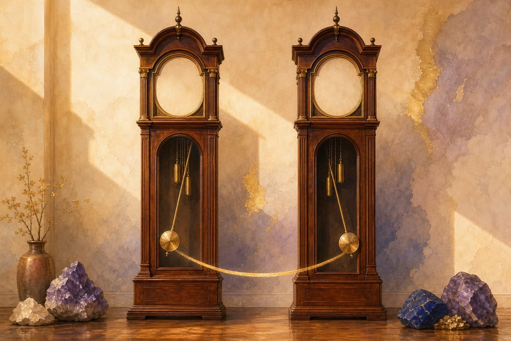 Two tall pendulum clocks with blank dials side by side, their pendulums caught mid-swing at slightly different angles, with a golden arc drawn between the bobs.