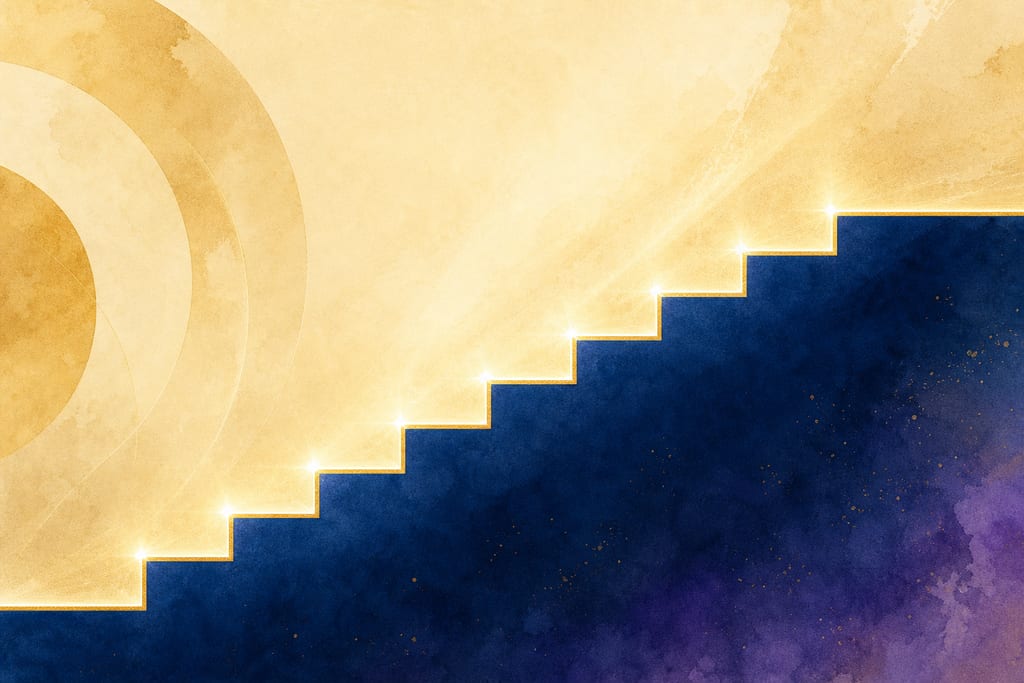 An abstract staircase of light with flat luminous steps of exactly equal height rising from left to right on a deep blue field.