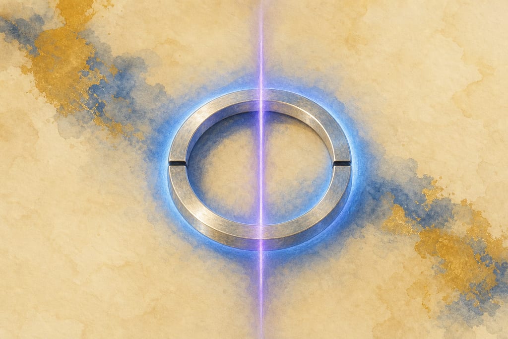 A ring of silvery metal with two hair-thin gaps on opposite sides, a blue circulating glow around the ring, and a slender column of violet light passing through its centre.