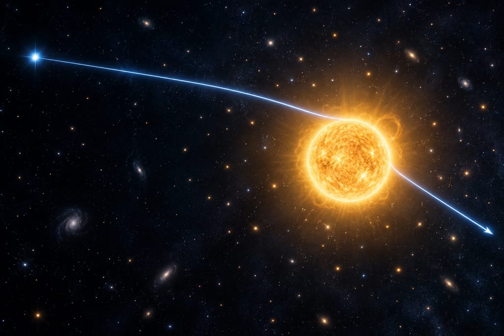 Um raio de luz azul-pálido de uma estrela distante passa acima de uma massa brilhante parecida com o Sol, curva-se em direção a ela e sai por uma nova trajetória.