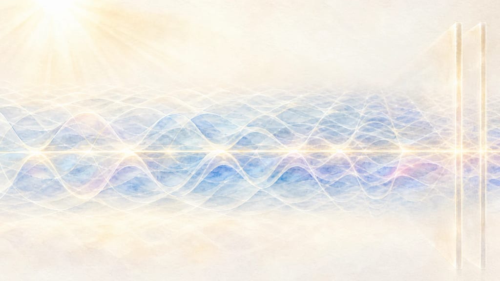 Overlapping luminous wave modes fill an apparently empty space while two boundaries select which modes fit.