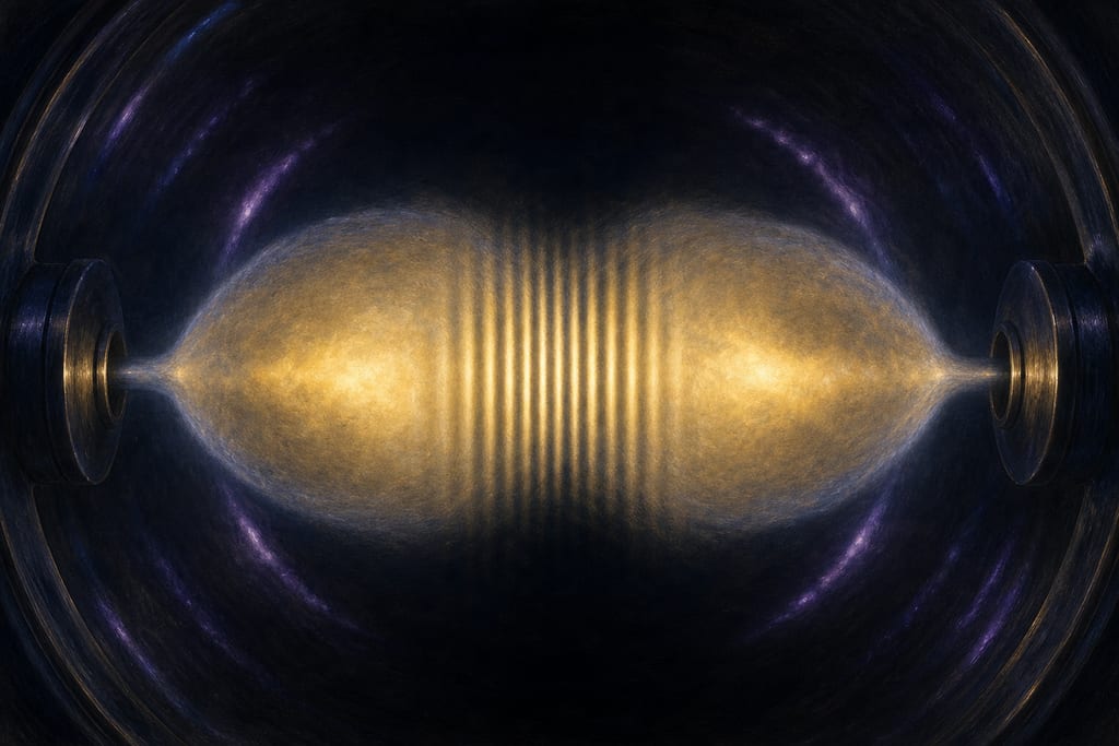 Two soft luminous ellipsoids of pale gold vapour expanding towards each other in a dark chamber, their overlap region cut by clean parallel bright and dark bands.
