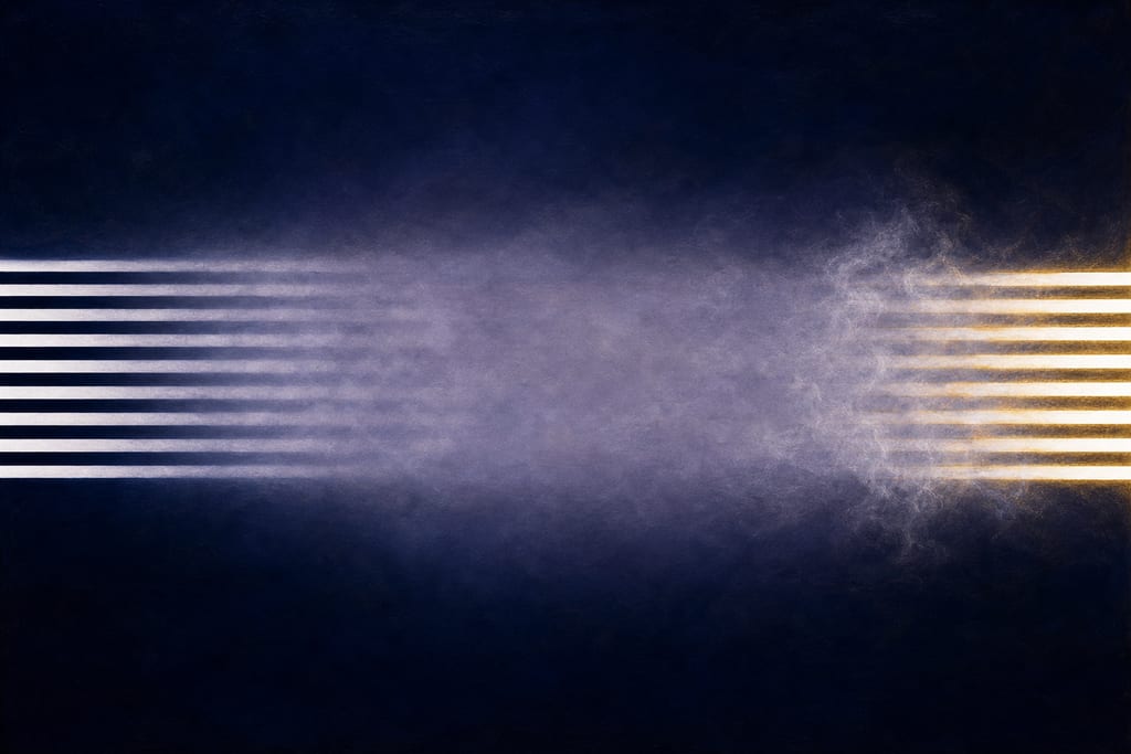 A band of crisp parallel light and dark stripes at one edge dissolving into soft grey mist towards the other, with the mist thinning again at the far edge to reveal the stripes returning.