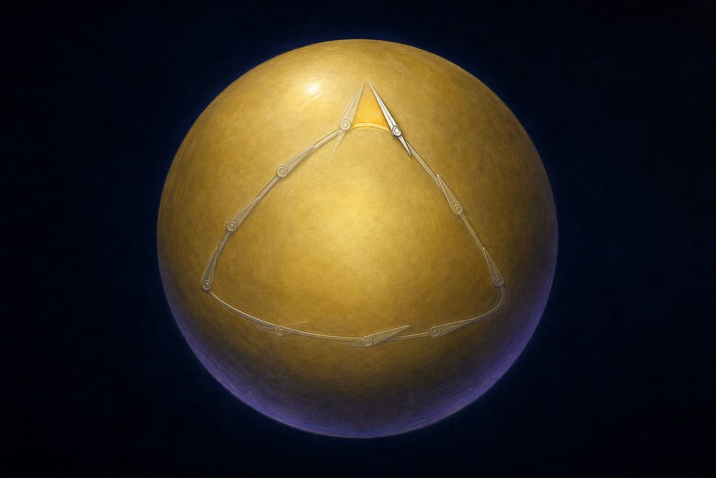 A pale gold sphere on deep blue, with a slender silver pointer carried along a closed triangular path over its surface and returning to its starting corner visibly rotated from its original direction.