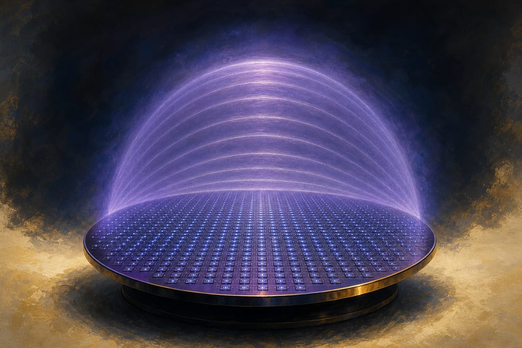 A circular silicon wafer tilted towards the viewer carrying a regular grid of hundreds of tiny silvery elements pulsing with one shared blue rhythm, a violet wavefront rising from the surface as a single smooth dome.