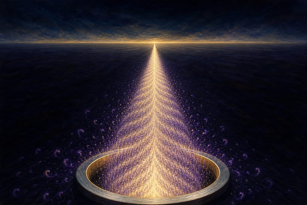 A dense stream of tiny luminous particles leaving a dark aperture and drawing together into one narrow ribbon of aligned crests running to a distant horizon, with a few stragglers still tumbling out of step at the edges.