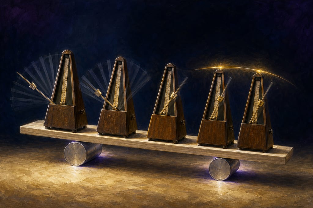 Five metronomes standing on a wooden board that rests on two cylindrical cans, their arms caught mid-swing and drifting from scattered angles on the left towards one shared angle on the right.