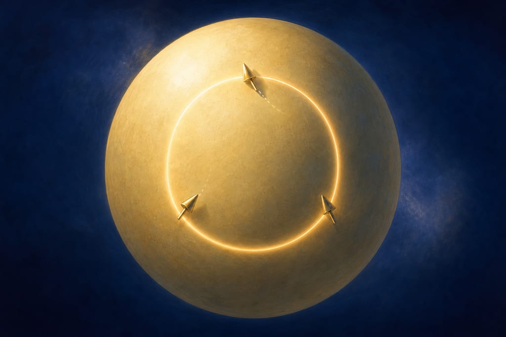 A pale gold sphere on deep blue, with a small pointer carried along a closed triangular path on its surface and returning to its start rotated.