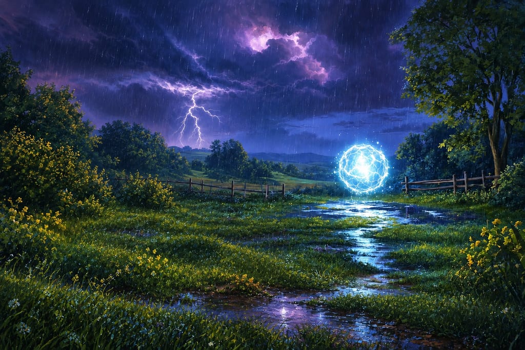 An imagined painted rural night scene shows a luminous ball above a rain puddle, with trees, hills and a distant storm. No people or animals are present.