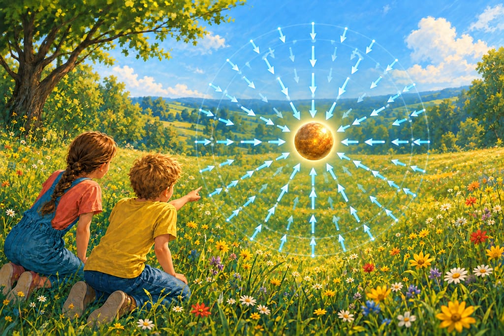 Two children watch a glowing spherical mass surrounded by arrows pointing inward from above, below, and every side in three-dimensional space.