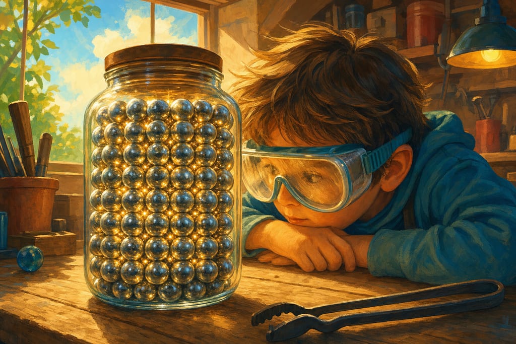 A child in oversized safety goggles peers into a big glass jar packed with shiny silver marbles, with tiny golden sparks flickering between them.