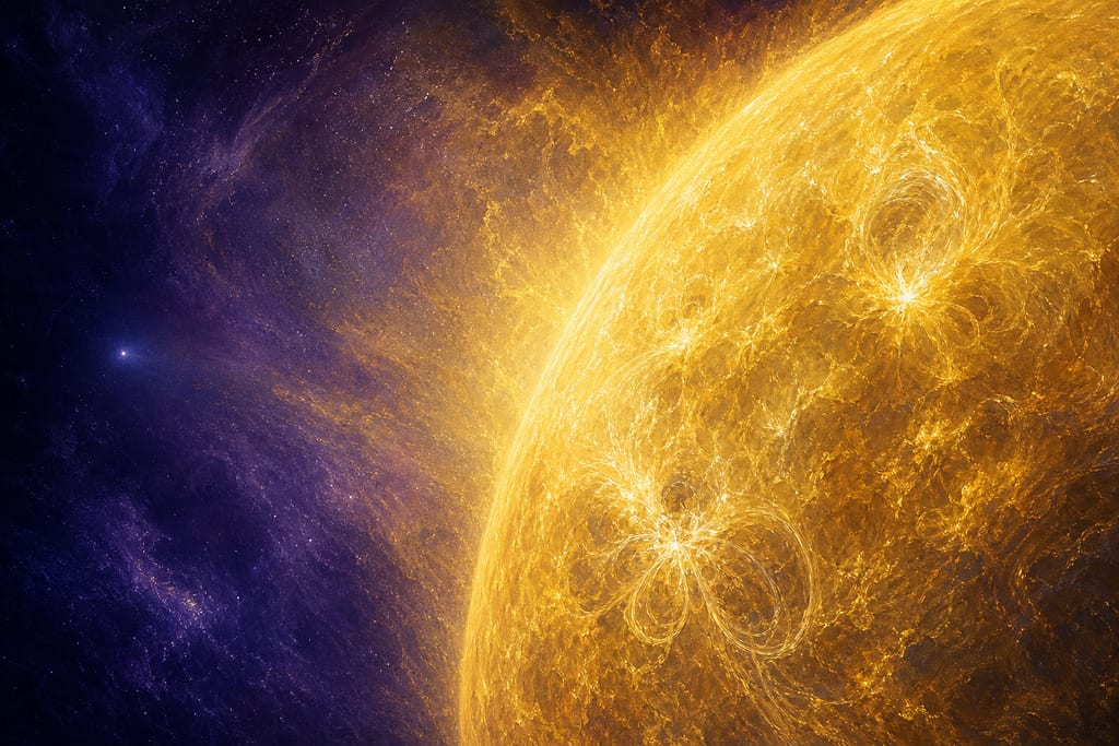 A vast luminous golden sphere filling most of a deep violet field, with a single almost invisible speck of light suspended beside it for comparison.