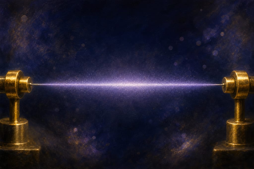A single guitar string stretched across a dark field, blurred into a faint luminous haze along its whole length even though nothing has plucked it.