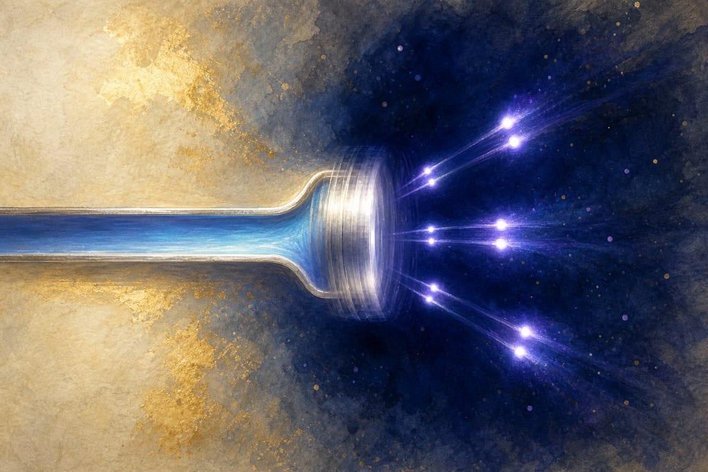 A silvery mirrored surface blurred by extremely rapid oscillation at the end of a slender superconducting channel, shedding paired points of violet light into the dark space in front of it.