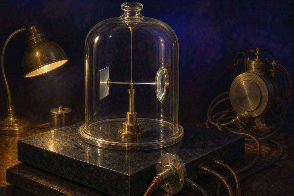 A brass torsion pendulum hanging from a fine fibre inside a vacuum bell jar on a heavy laboratory bench, a polished plate facing a curved lens at a hair-thin separation in warm lamplight.