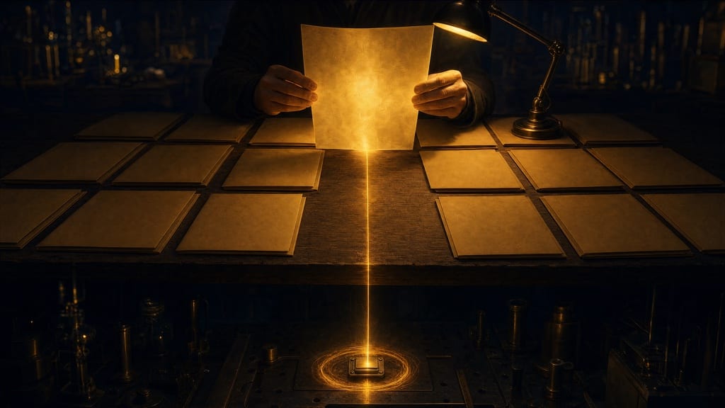 Hands hold a single blank sheet up to a lamp above rows of closed folders; a thread of light runs from the page down to a small chip on a laboratory bench below.