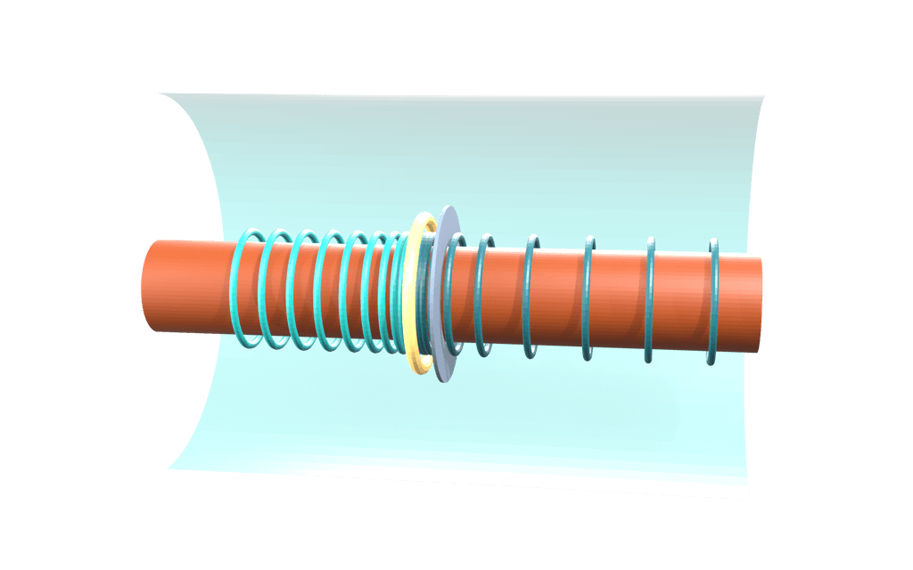 An elongated tube of condensate lying in the trough of its trapping beam, which is cut open along the flow so the tube inside stays visible. A thin edge stands across the channel near the middle, marking where the step in the potential begins. Rings drawn around the tube mark where a sound wavefront has reached at equal intervals of time: they crowd almost on top of one another at a single bright ring a little way upstream of that edge, and spread further and further apart from it in both directions along the tube. The whole scene spans about twelve micrometres along the flow.