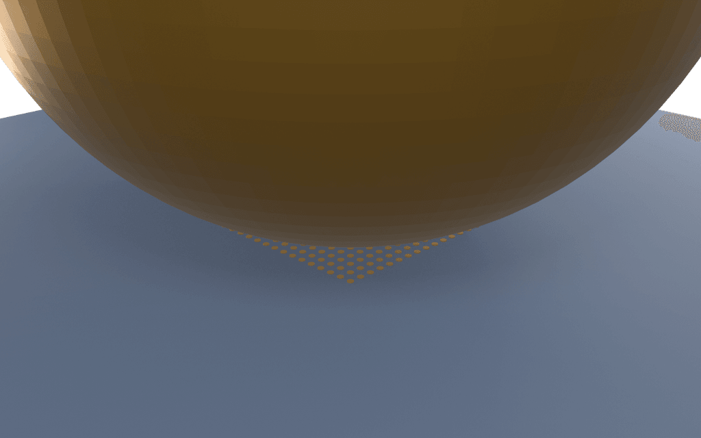 A gold sphere held a tiny distance above a gold plate covered in a regular grid of square pillars, with a single isolated pillar and a cylinder with a hole through it shown beside it; the sphere is hundreds of times wider than the gap beneath it.