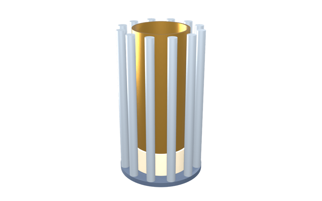 A short thick central rod standing inside a ring of slimmer rods, all mounted on a back plate, with an insulating sleeve around the base of the centre rod — the coaxial electrode arrangement of a dense plasma focus.