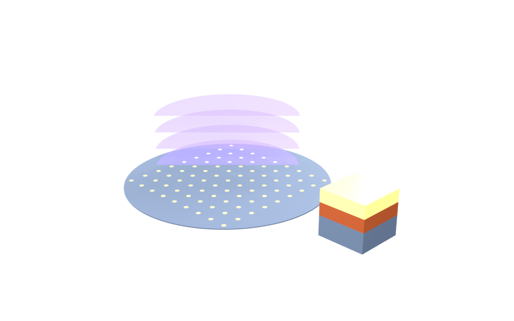 A silicon wafer carrying a square grid of round thin-film emitter pads, with flat parallel sheets standing above it to show the wave leaving every pad in step, and a three-layer stack drawn to one side showing which superconductor sits on which.