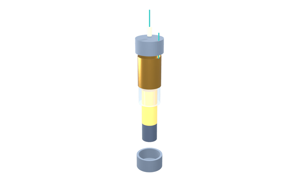 Nine parts of the lattice energy converter drawn separated along one axis: a plated working electrode on a threaded iron pipe nipple, the gas gap around it, a tube-shaped counter electrode, and the end caps, fittings and leads that close the cell.
