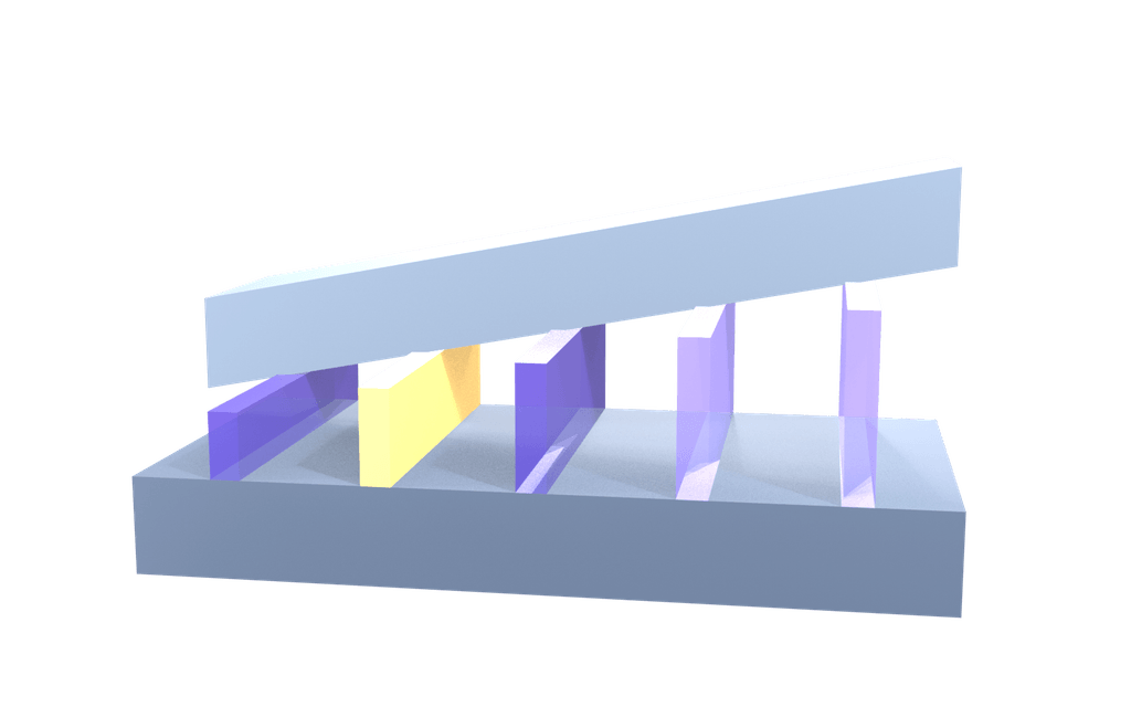 A wedge-shaped cavity whose gap widens steadily from one end to the other, its upper wall cut away across half its width so the inside can be seen. Standing across the gap are five upright slabs of increasing size, one solid and four translucent, each exactly tall enough to close the cavity at the place where it stands.