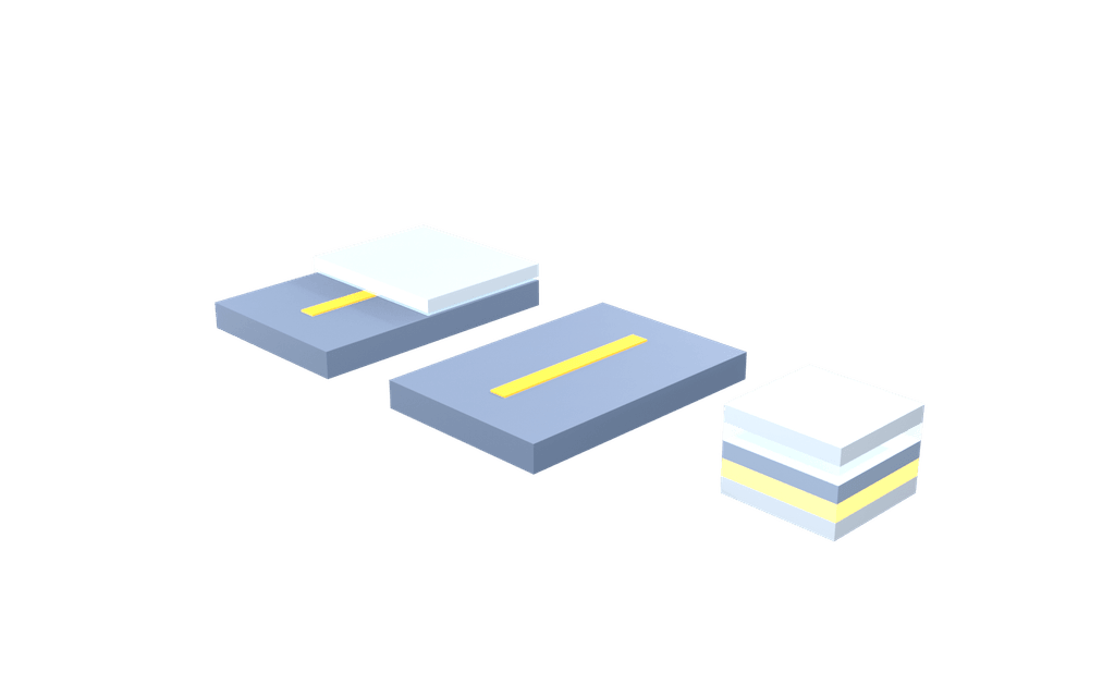 Two identical rectangular devices side by side on one substrate, each with a thin film strip running along it; over one of the two sits a flat cavity layer under a bright reflector, cut back so the strip beneath stays visible, while the other strip lies bare and open. Beside the pair stands a small upright stack of five equal bands giving the layer order of the reported tunnelling diode.