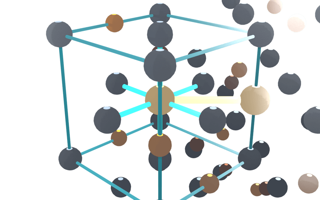 A block of palladium atoms with one quarter of it cut away towards the viewer, so the inside of the metal is open to view. A teal frame outlines one cubic cell of the crystal; a bright deuterium atom sits at its exact centre, with six rods running out to the six palladium atoms that surround it. A pale bar links that deuterium to a second one, marking the spacing the crystal sets between them, and to one side a third deuterium sits in a smaller four-sided gap, with four rods out to its four palladium neighbours.