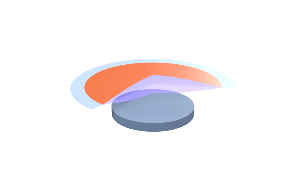 A gently arched circular membrane about fifteen nanometres across, held at a flat frozen outer ring, with a third of the disc cut away so the profile can be read as a curve: the solid sheet arches upward, and a translucent copy of the same curve arches downward by the same amount. A small flat electrode sits close beneath.