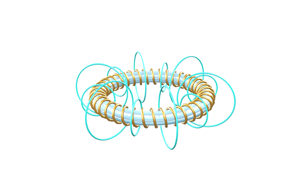 A wound ring with the wire laid evenly around it, the magnetic field lines closed inside the core, and separate open curves outside that each pass through the hole of the ring and back around its outside.