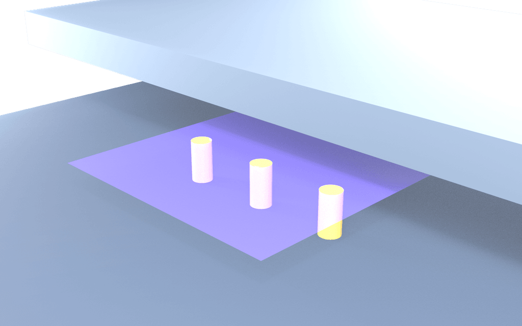 Two square plates held a few micrometres apart, with three slender pillars standing up from the lower plate and stopping exactly halfway across the gap; the upper plate is cut back so the open channel above each pillar top can be seen.