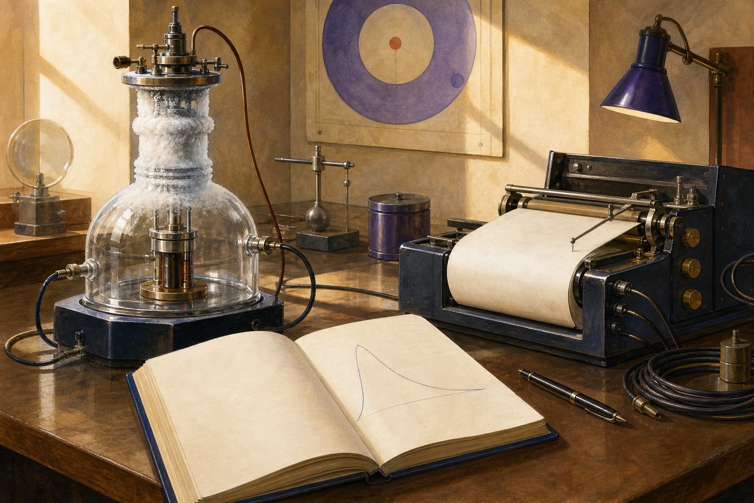 A 1960s physics laboratory bench with a frosted glass cryostat, coiled cables, a chart recorder with a blank paper roll and an open notebook showing only a hand-drawn curve.