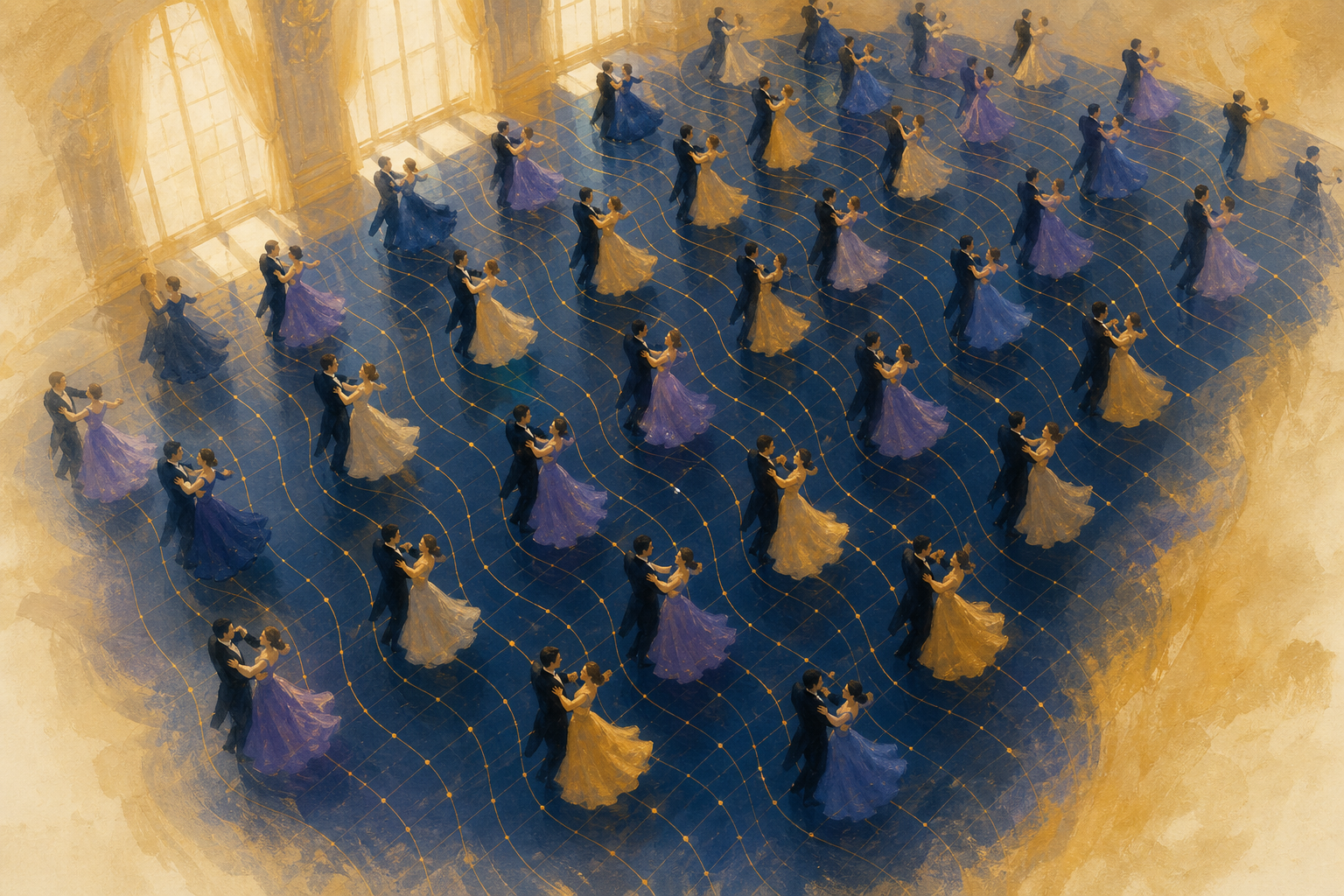 A ballroom seen from above with dancers moving in pairs, all sharing the same rhythm so the whole floor moves as one wave.