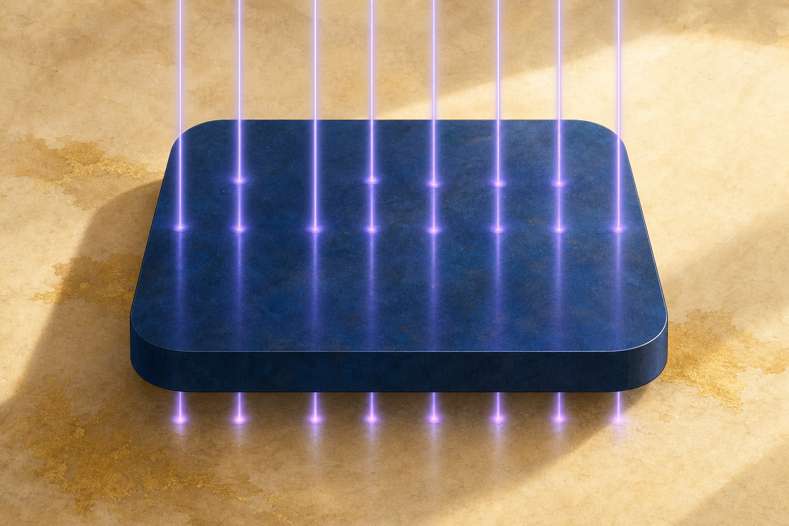 A dark blue slab of superconducting metal with several identical slender columns of violet light passing straight through it at regular spots.