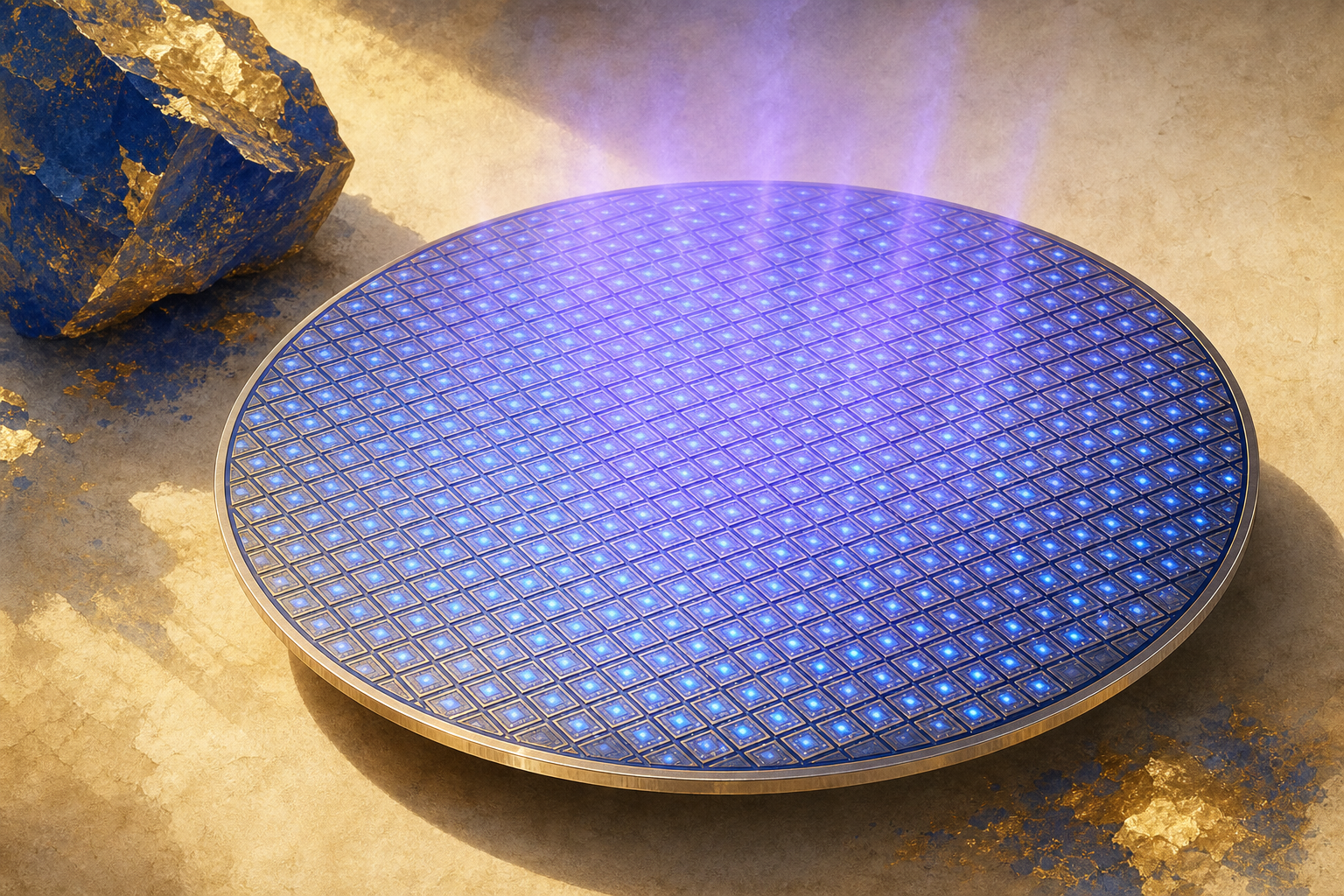 A round silicon wafer at an angle carrying a regular grid of hundreds of tiny identical silvery elements glowing faintly blue in unison, with a violet haze rising from the whole array.
