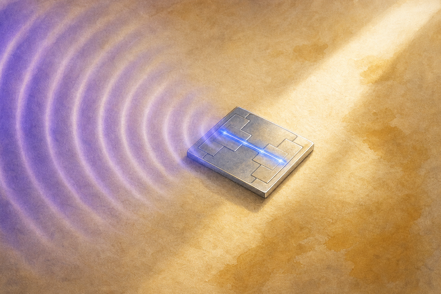 A small silvery superconducting chip bathed in rippling violet microwave waves, with a blue rhythmic glow pulsing along a thin line on the chip.