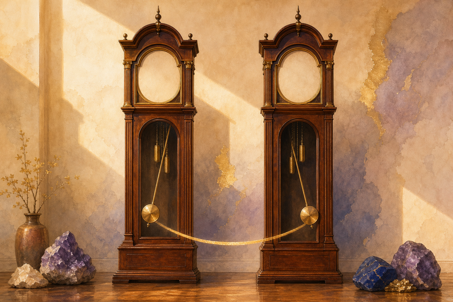 Two tall pendulum clocks with blank dials side by side, their pendulums caught mid-swing at slightly different angles, with a golden arc drawn between the bobs.