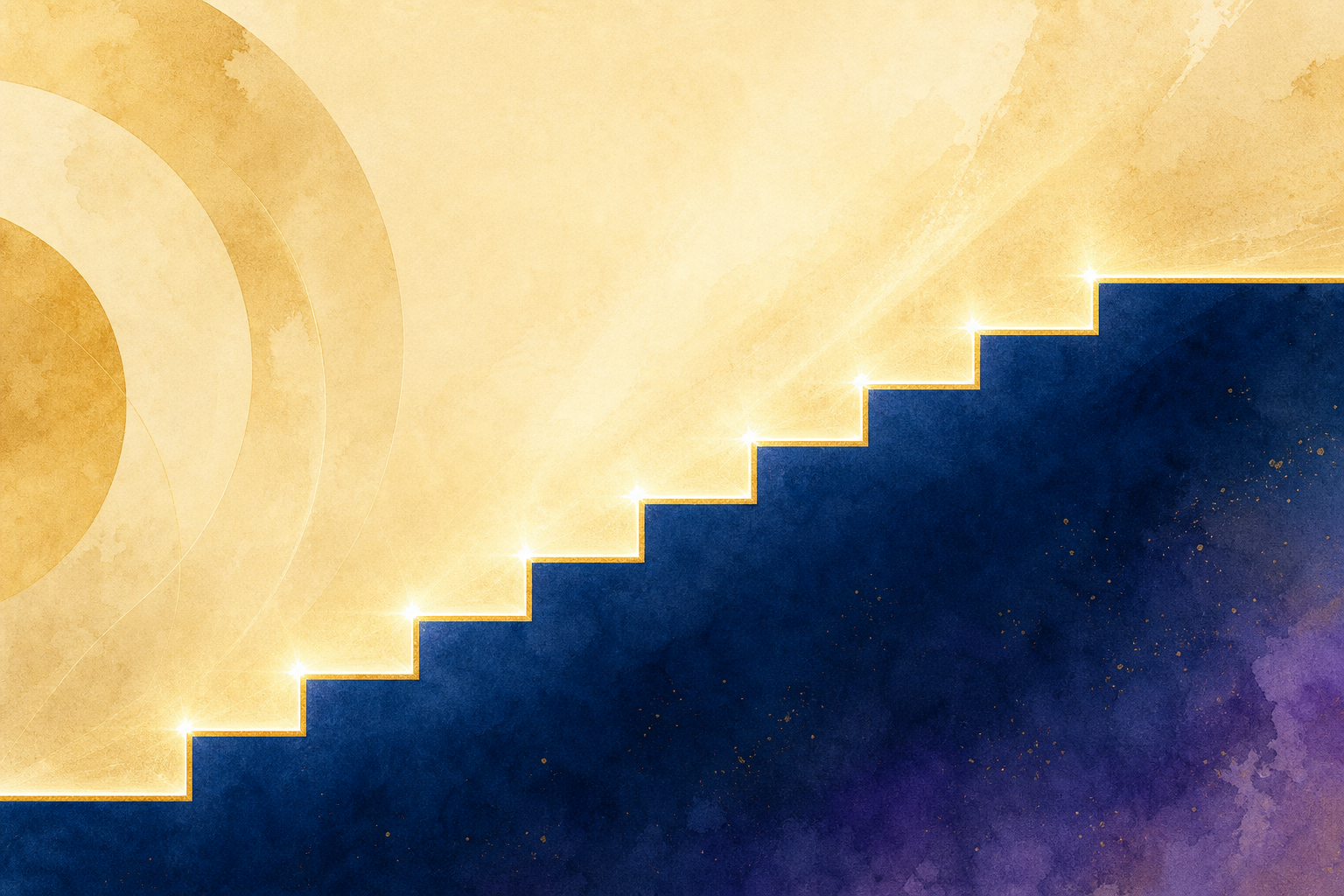 An abstract staircase of light with flat luminous steps of exactly equal height rising from left to right on a deep blue field.
