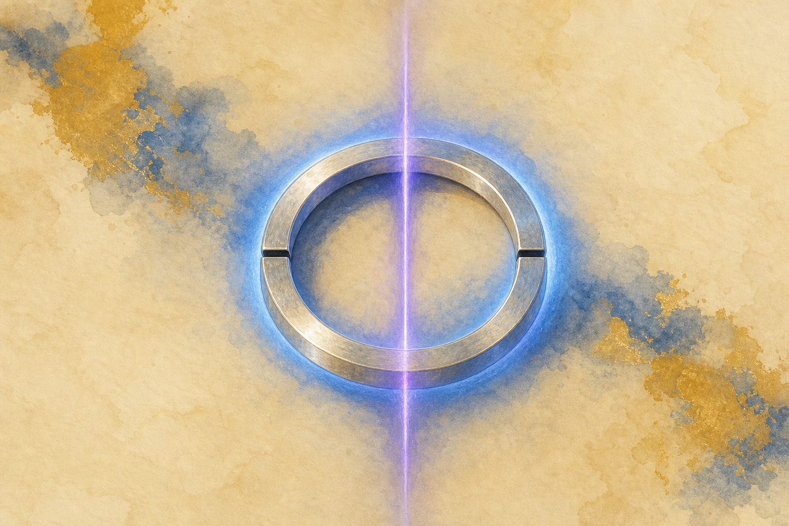 A ring of silvery metal with two hair-thin gaps on opposite sides, a blue circulating glow around the ring, and a slender column of violet light passing through its centre.