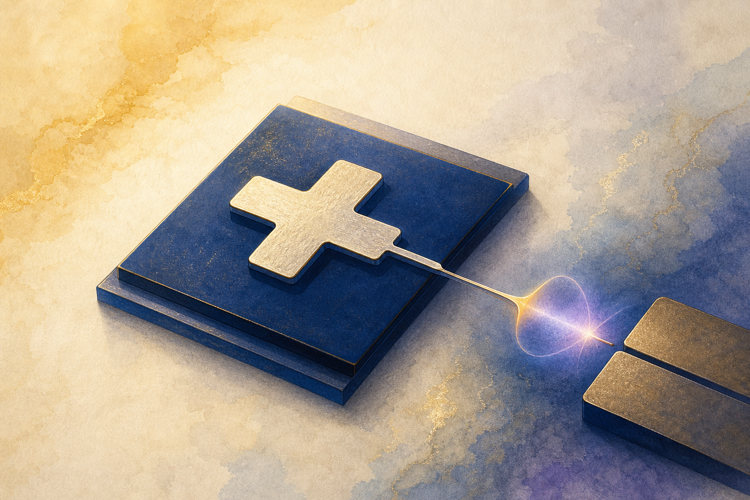 A small cross-shaped island of pale metal on a dark blue chip, connected by a slender line to a thin gap with a soft glow suggesting a quantum state between two possibilities.