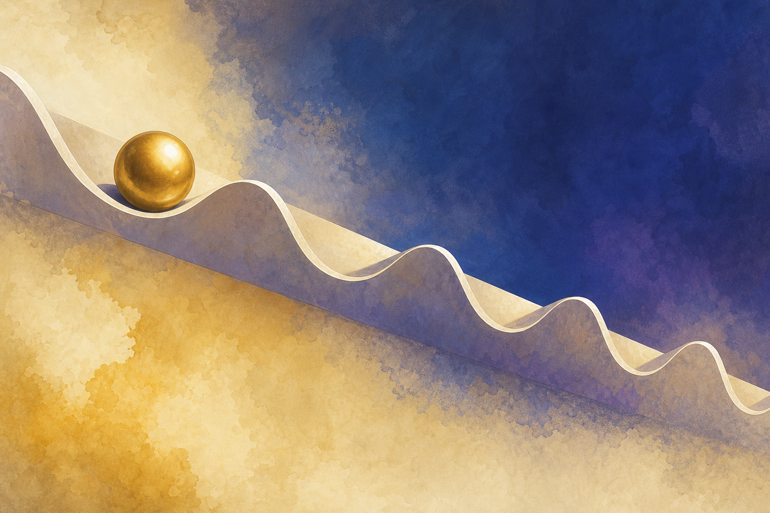 A golden ball resting in one dip of a gently corrugated washboard surface that tilts slightly downhill, about to roll to the next dip.